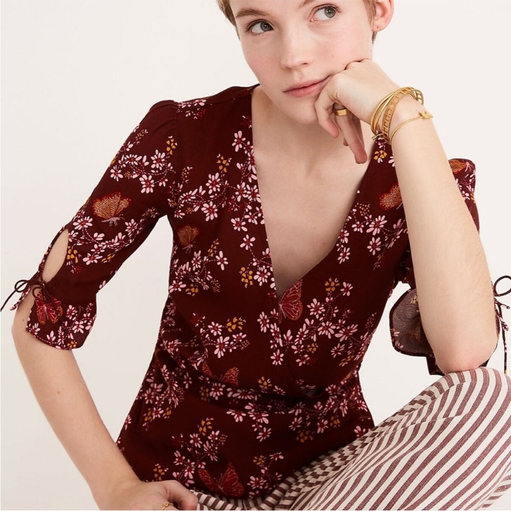Madewell Floral Wrap Top Size 10 Burgundy Boho Peplum Blouse Butterfly Print